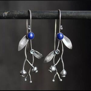 Retro Bohemian Flower Branch Inlaid Blue Stone Earrings